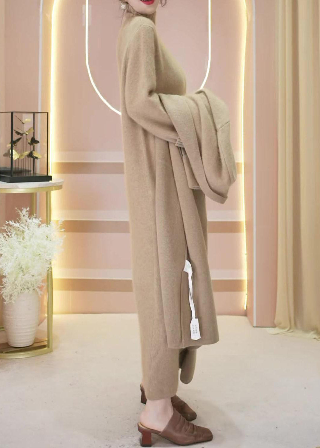 Loose Camel Pockets Woolen Cardigan and Turtleneck Knit Dress Two Piece Set Winter