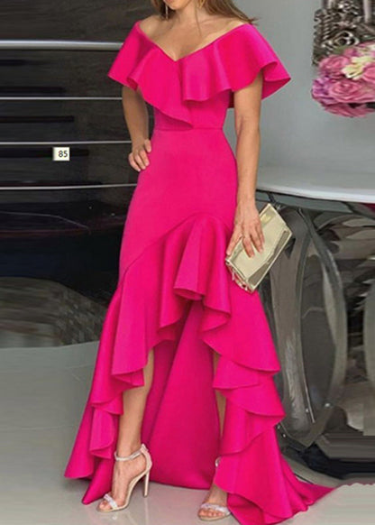 Classy Rose Ruffled Asymmetrical Patchwork Cotton Dress Summer