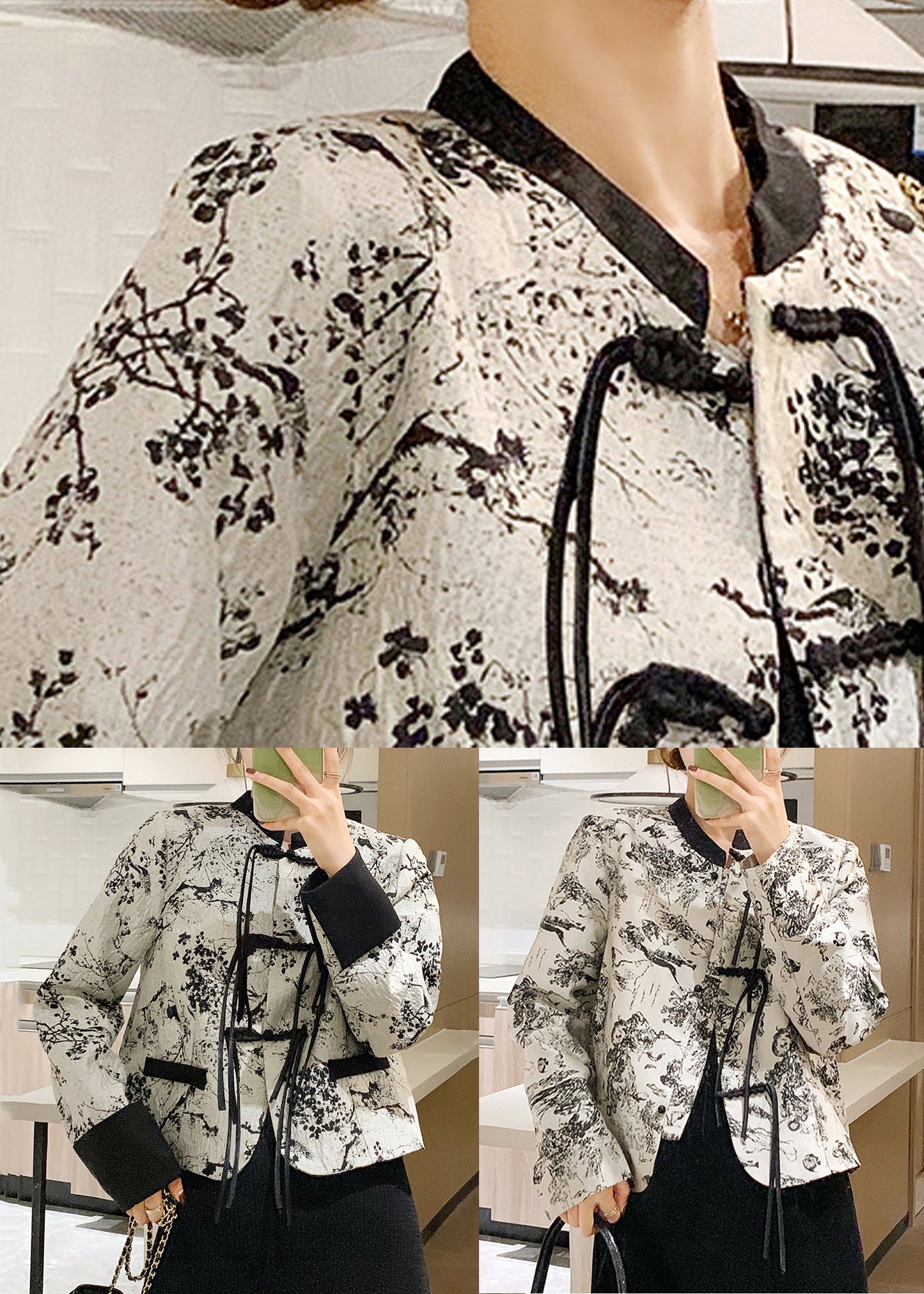 Chinese Style Black O-neck Button Cotton Coat Spring