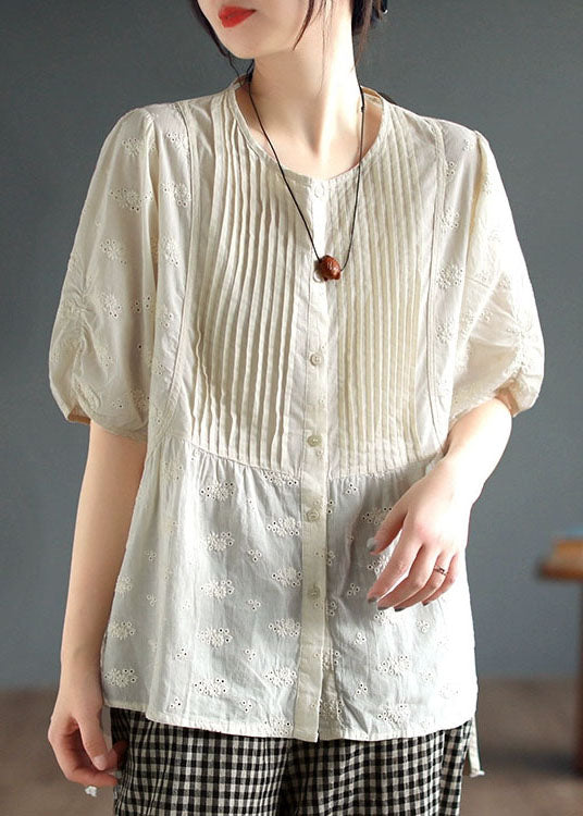Unique Apricot Hollow Out Embroidered Wrinkled Patchwork Cotton Top Summer