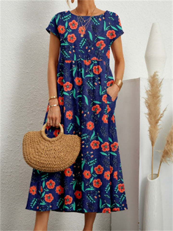 Round Neck Loose Cotton Linen Sleeveless Round Neck Print Dress