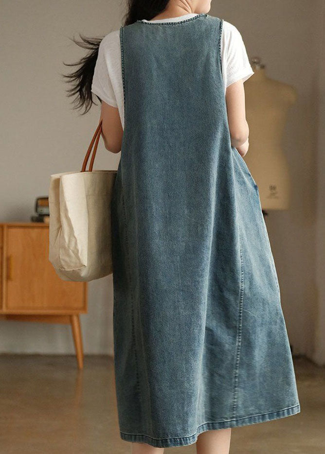 Blue V Neck Patchwork Denim Tank Dress Sleeveless
