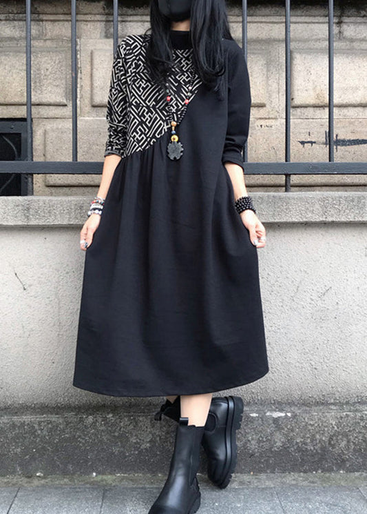 Black O-neck Asymmetrical Patchwork Cotton Maxi Dress Long Sleeve