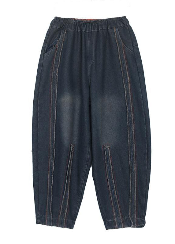 Black Pockets Elastic Waist Warm Fleece Pants Spring