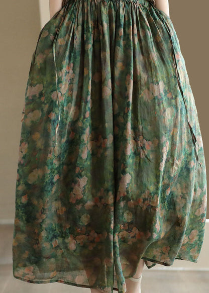 Green Wrinkled Pockets Patchwork Linen Skirts Summer
