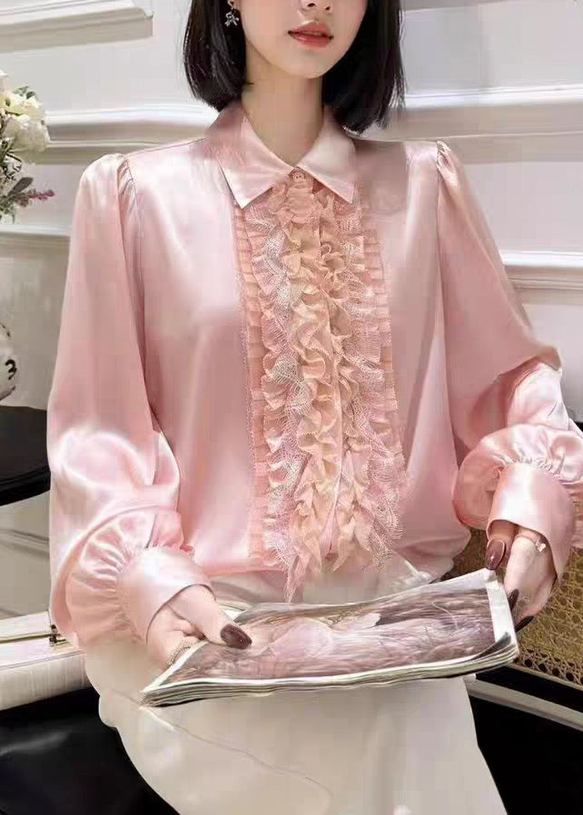 Pink Peter Pan Collar Silk Shirt Lantern Sleeve