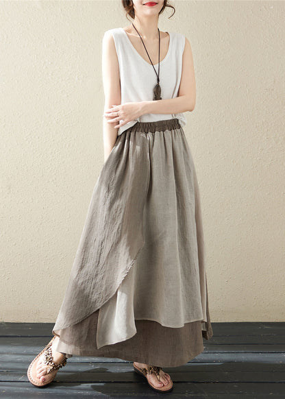Khaki Pockets Asymmetrical Design Patchwork Linen Skirt