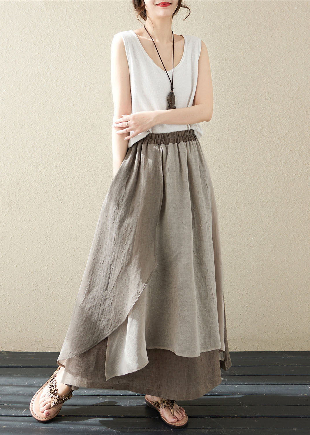 Khaki Pockets Asymmetrical Design Patchwork Linen Skirt