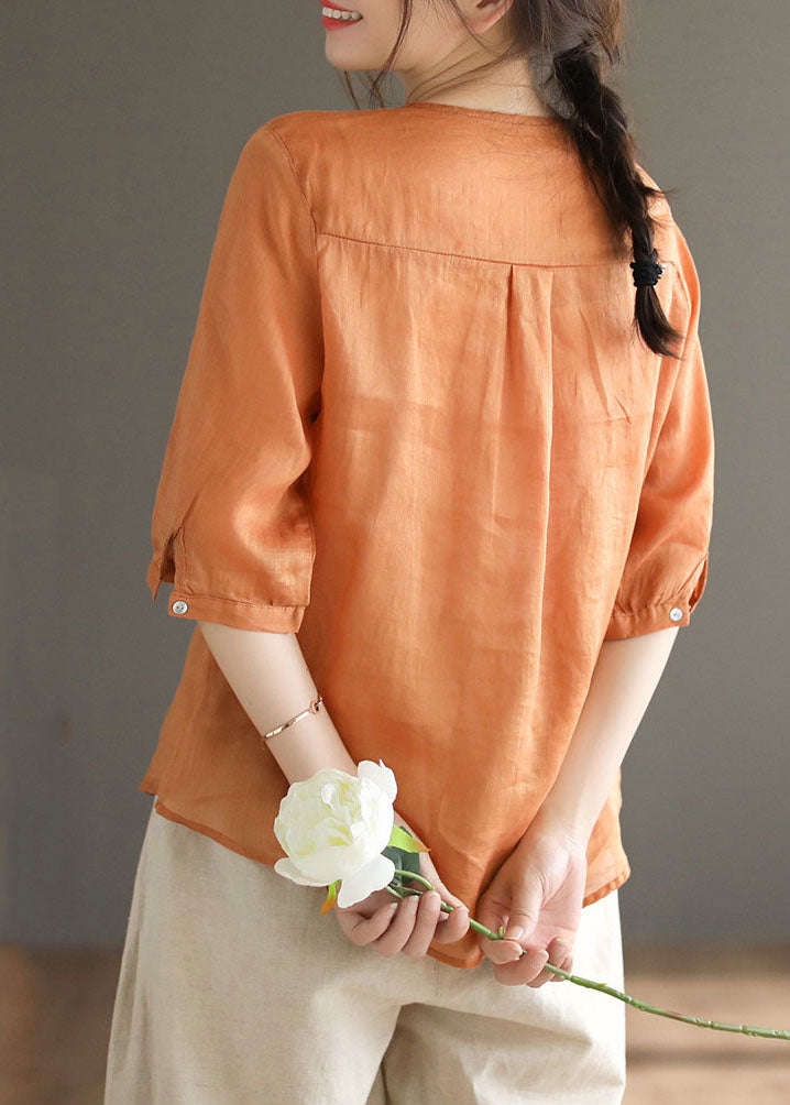 Orange V Neck Embroidered Linen Blouse Top Half Sleeve