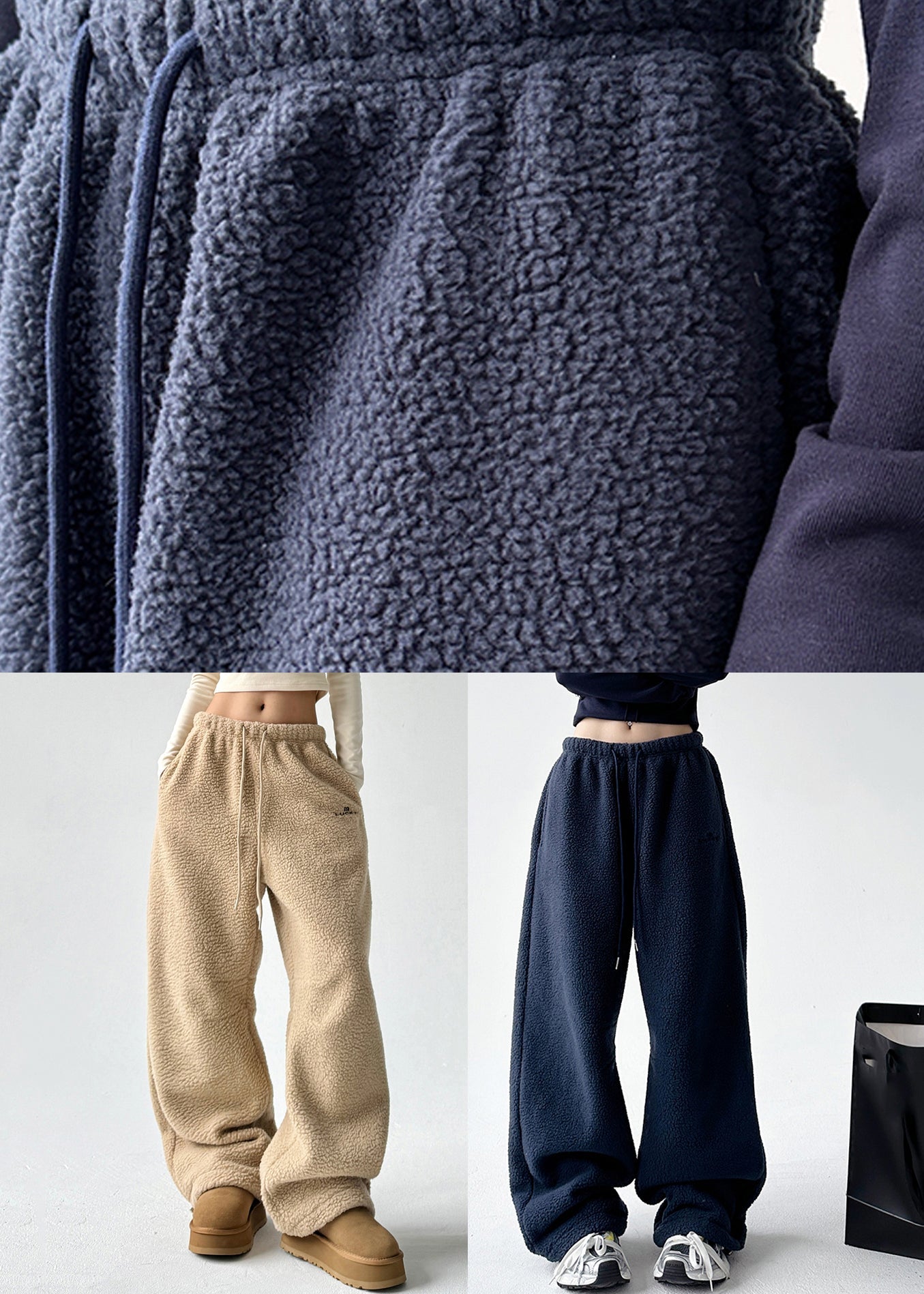 Yellow Pockets Drawstring Faux Fur Thick Trousers Spring