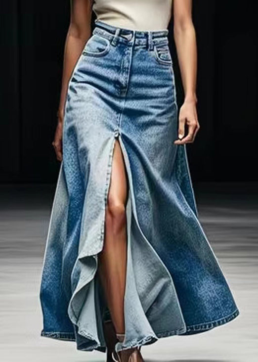 Blue Pockets Side Open Denim Maxi Skirts Summer