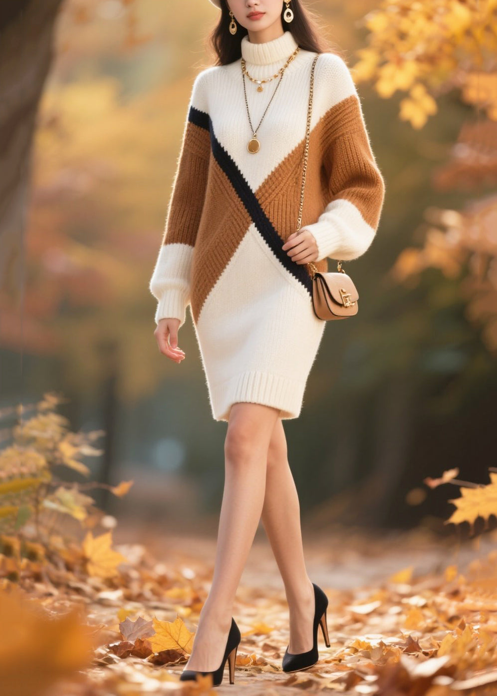 White Turtle Neck Patchwork Knitted Dress Winter