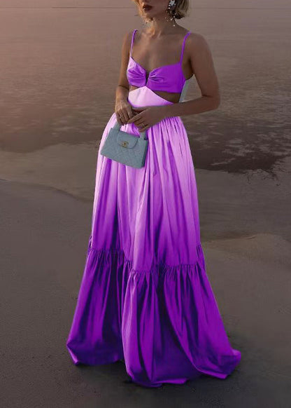 Blue Gradient Backless Wrinkled Cotton Spaghetti Strap Dress Summer
