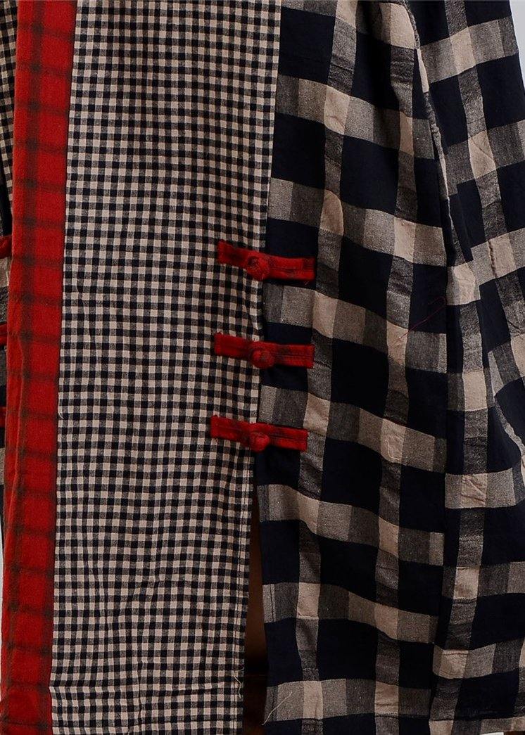 V Neck Patchwork Cotton Linen Spring Quilting Clothes Tunic Tops Plaid Dresses
