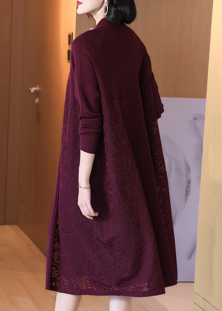 Wine Red Button Hollow Out Cotton Knit Long Cardigan Spring