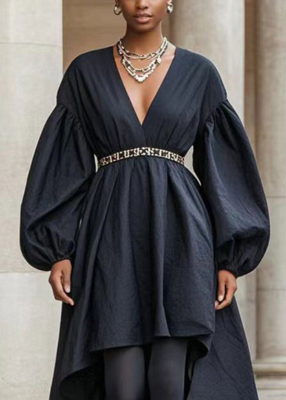 Black Asymmetrical Design Silm Fit Cotton Holiday Dress Fall