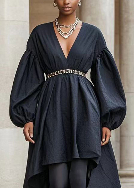 Black Asymmetrical Design Silm Fit Cotton Holiday Dress Fall