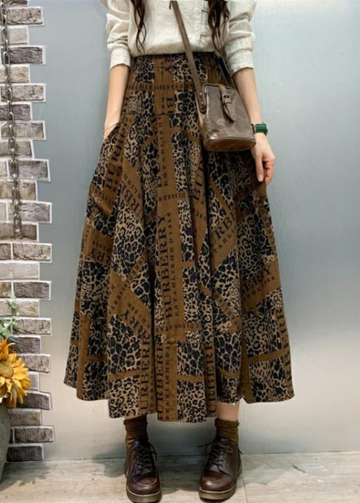 Coffee Pockets Cotton a Line Skirts Elastic Waist