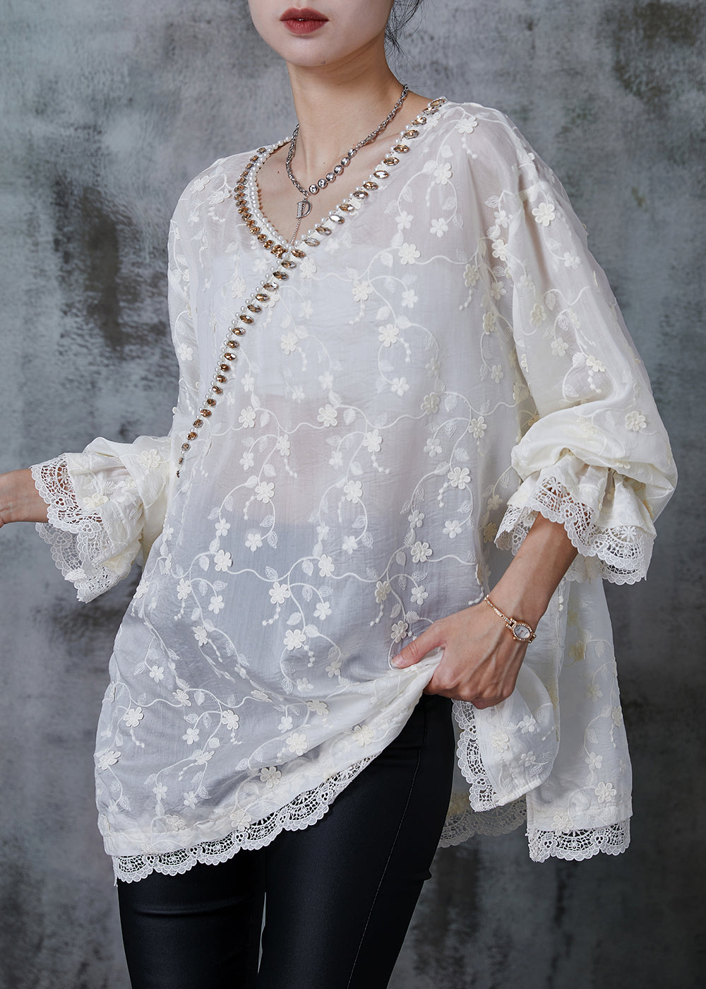White Embroidered Zircon Cotton Shirt Tops Summer
