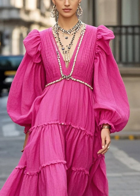 Rose Exra Large Hem Chain Linked Cotton Dresses Puff Sleeve
