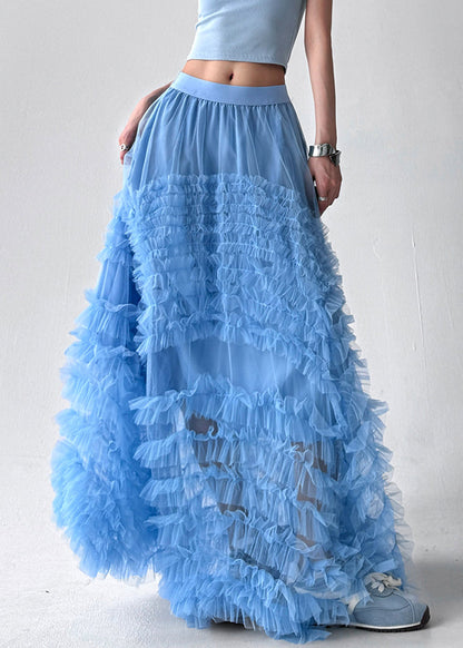 Blue Elastic Waist Tulle Summer Exra Large Hem Skirt Ruffled