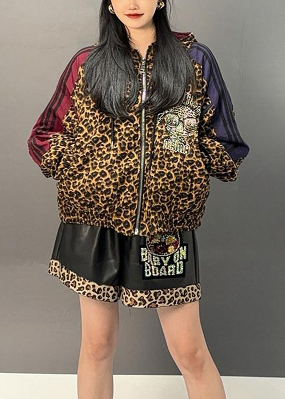Leopard Patchwork Zippered Hoodies Coats Spring