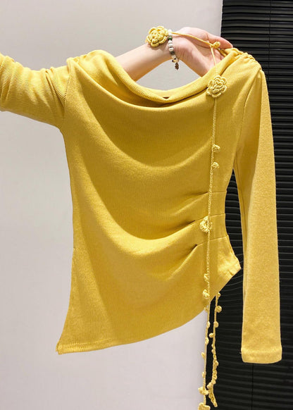 Handmade Yellow Asymmetrical Wrinkled Cotton Blouses Fall