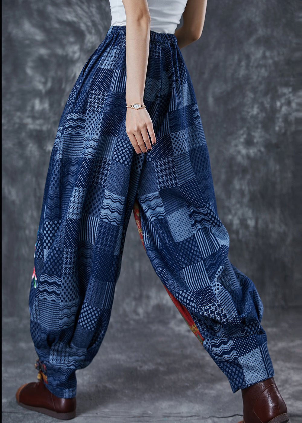 Blue Embroidered Print Cotton Pants Summer