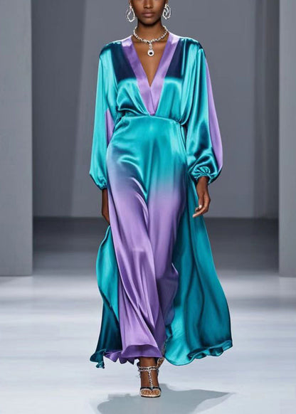 Green V Neck Tie Dye Silk Long Dress Fall