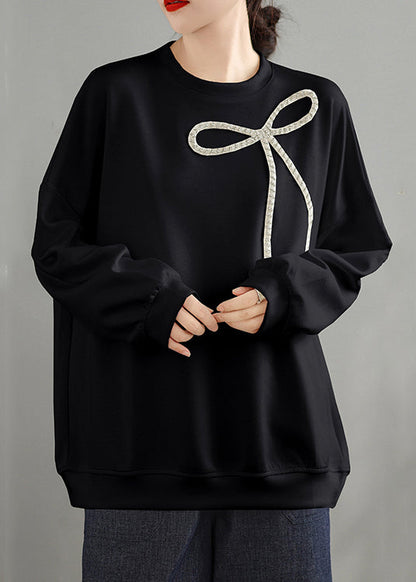 Black O Neck Bow Cotton Pullover Top Spring