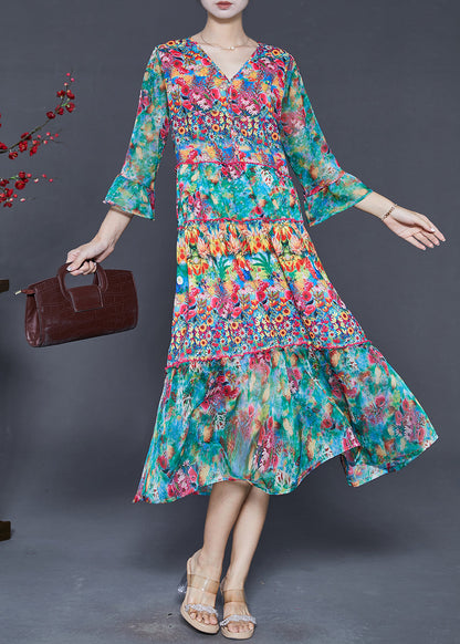 Green Print Chiffon Tea Dresses Bracelet Sleeve