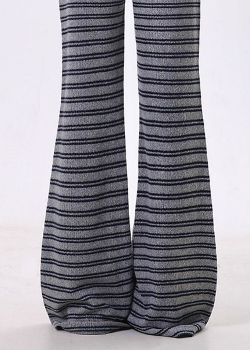 Grey Striped Cotton Bell-bottom Trousers Spring