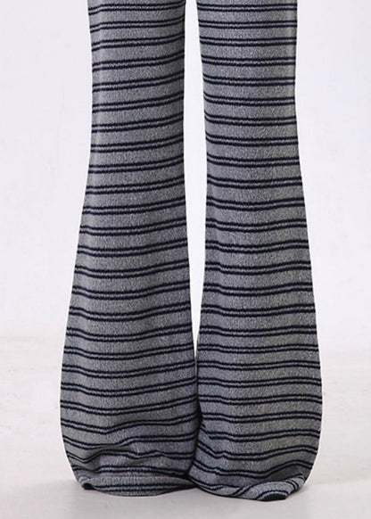 Grey Striped Cotton Bell-bottom Trousers Spring