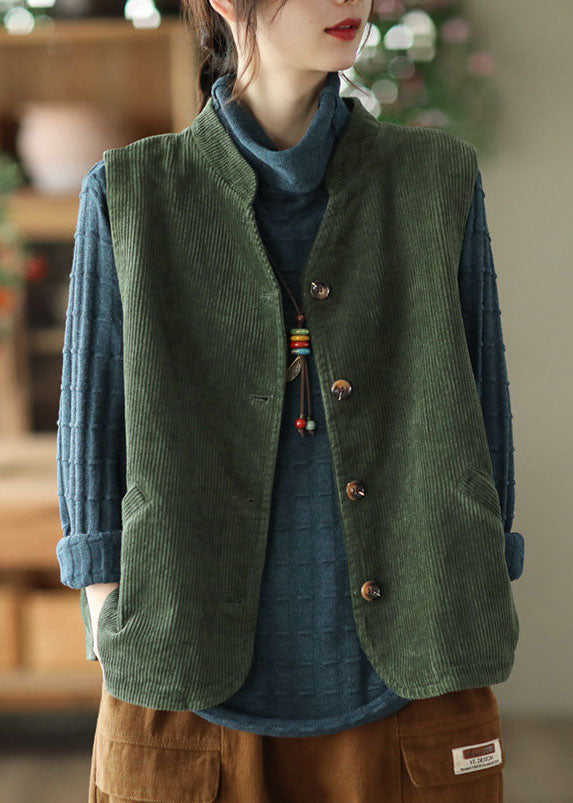 Boutique Green Stand Collar Corduroy Vest Tops Fall