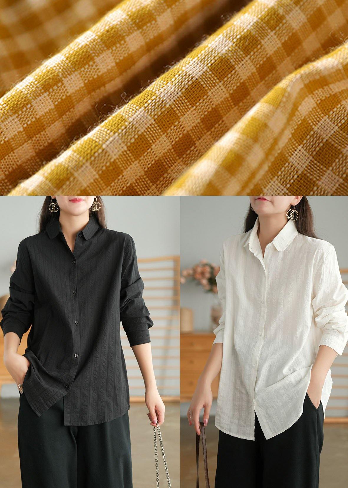 Yellow Plaid Retro Pockets Fall Long Sleeve Blouse Top