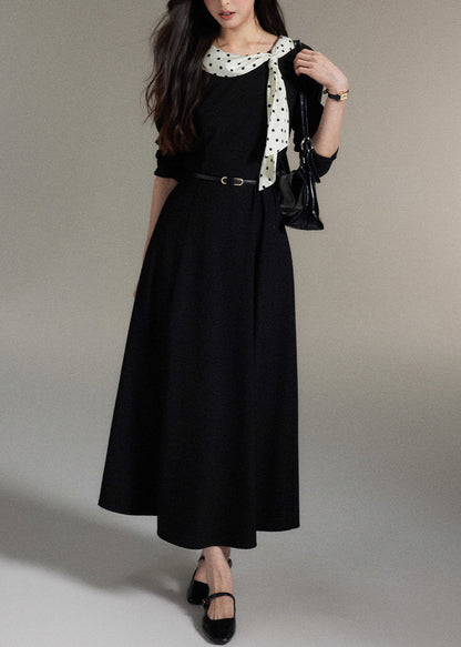 Black Bow Pockets Wool Long Dress Fall