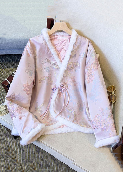 Pink Fur Collar Chinese Button Thick Parkaer Winter