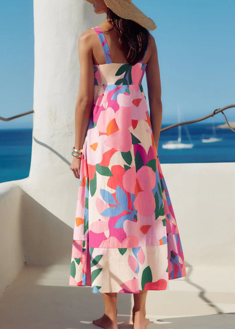 Print Exra Large Hem Cotton Spaghetti Strap Dress Summer
