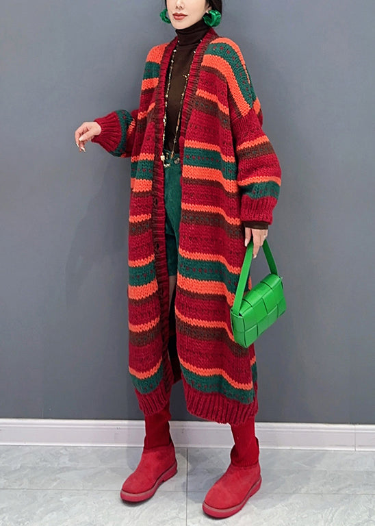 Red Striped V Neck Button Patchwork Knit Coat Fall