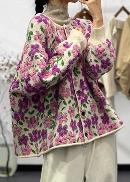 Light Purple O Neck Button Cotton Knit Coat Long Sleeve