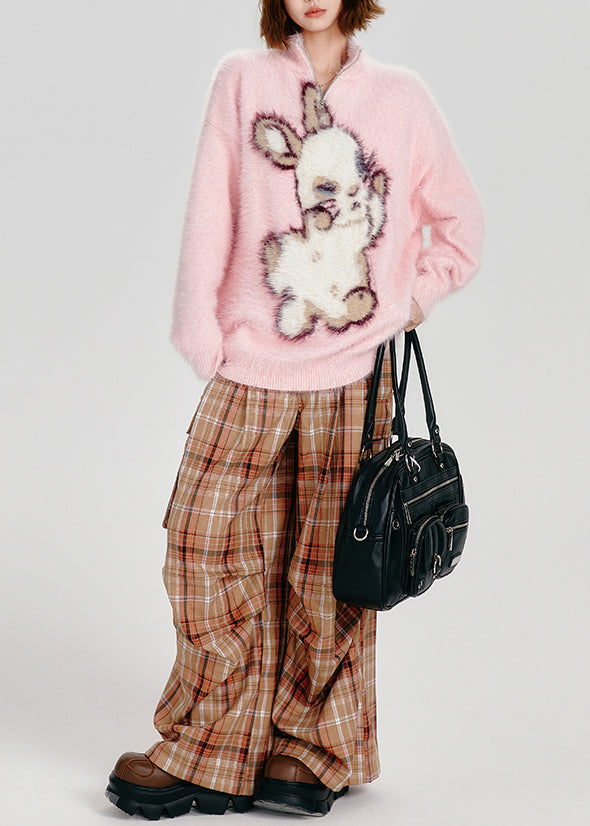 Modern Pink Stand Collar Rabbit Fuzzy Fur Fluffy Sweater Tops Winter