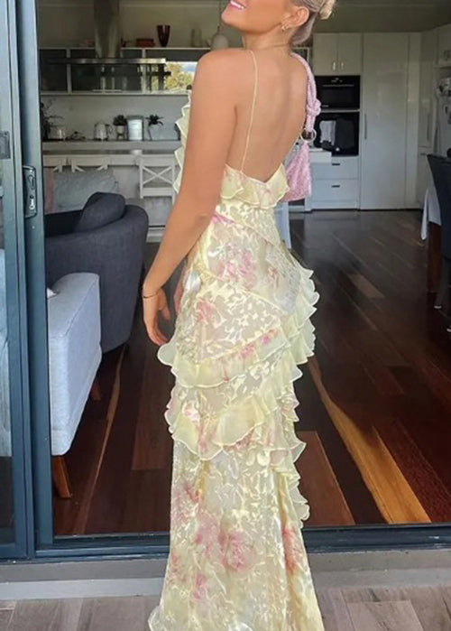 Stylish Pink Ruffled Patchwork Chiffon Spaghetti Strap Dresses Summer