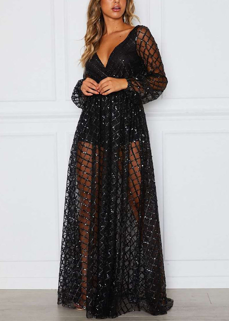 Gold V-neck Check Sequin Dress Long Sleeve