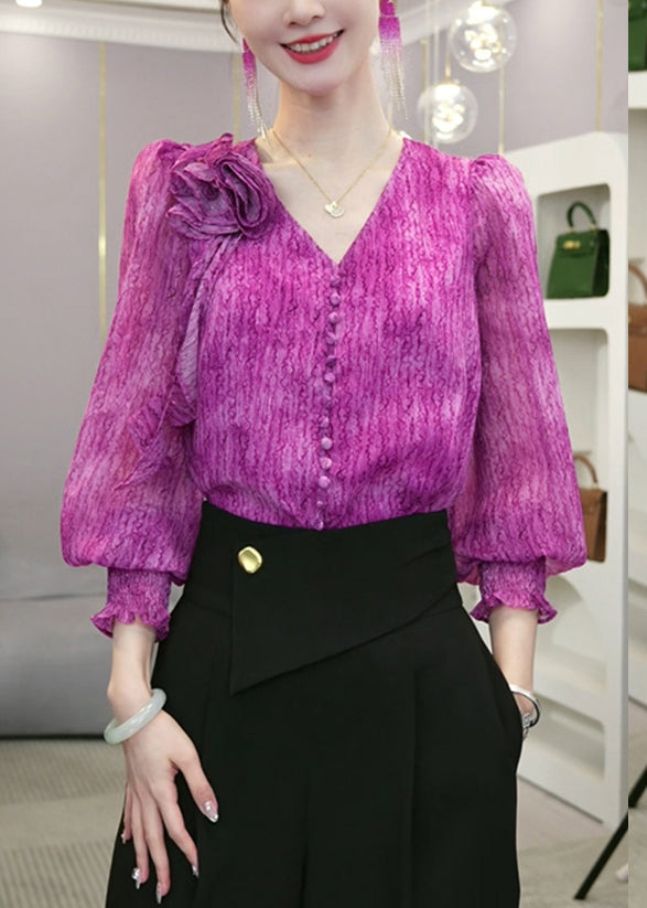 Purple V Neck Tie Dye Chiffon Blouses Fall