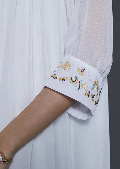 French White V Neck Embroidered Chiffon Dress Summer