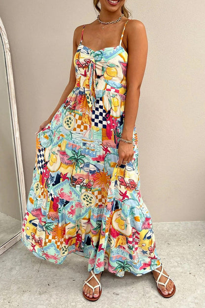 Vacation Fruit Printing With Bow Printed Dresses