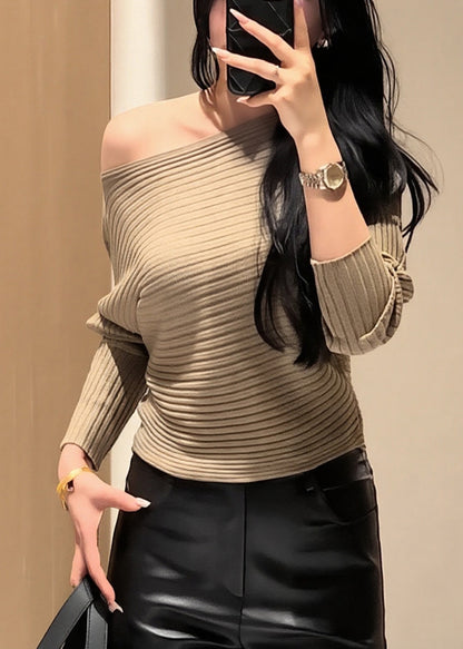 Khaki Cold Shoulder Striped Knit Short Sweater Fall
