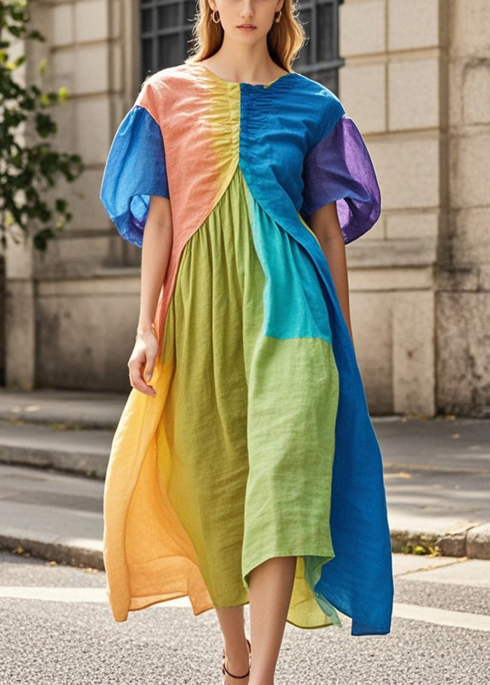 Colorblock Puff Sleeve Patchwork Wrinkled Cotton Long Dresses