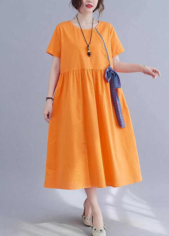 French Orange Patchwork Button Party Summer Cotton Linen Dress