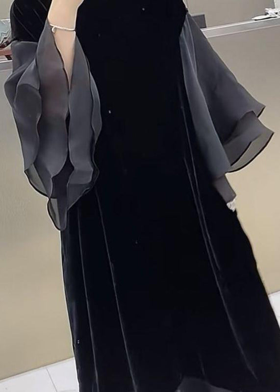 Black O-neck Patchwork Silk Velvet Maxi Dress Butterfly Sleeve